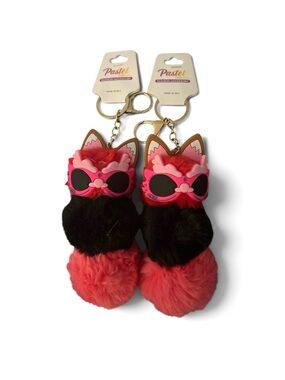 TWO KAWAII PASTEL RED MULTI PLUSH ANIMAL W/SUNGLASSES NOVELTY  KEYCHAIN BAGCHARM